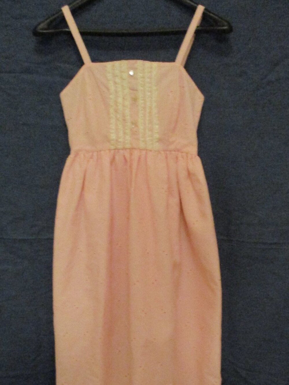 70's Handmade Pink Eyelet Trimmed w/Lace Sleeveless Empire Waist Midi Dress XXS